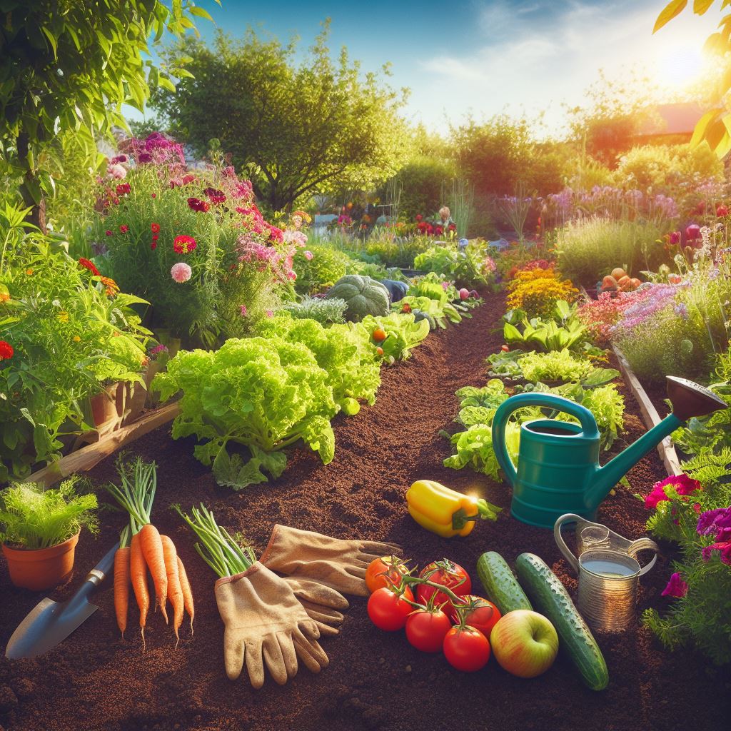 Illustration of a lush organic vegetable garden with various crops and healthy soil