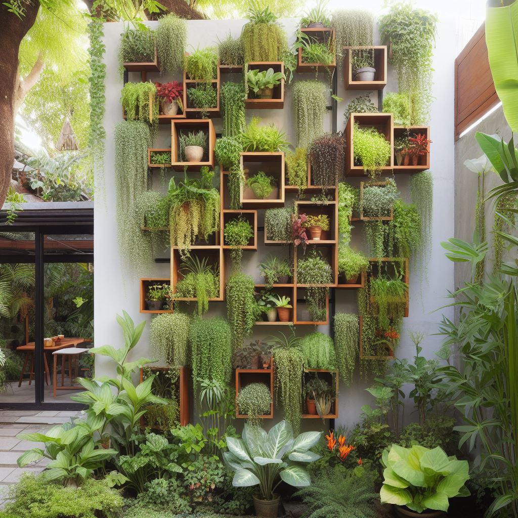 A hanging garden with vibrant flowering plants suspended from a balcony, demonstrating how vertical gardening can transform limited spaces into green havens.