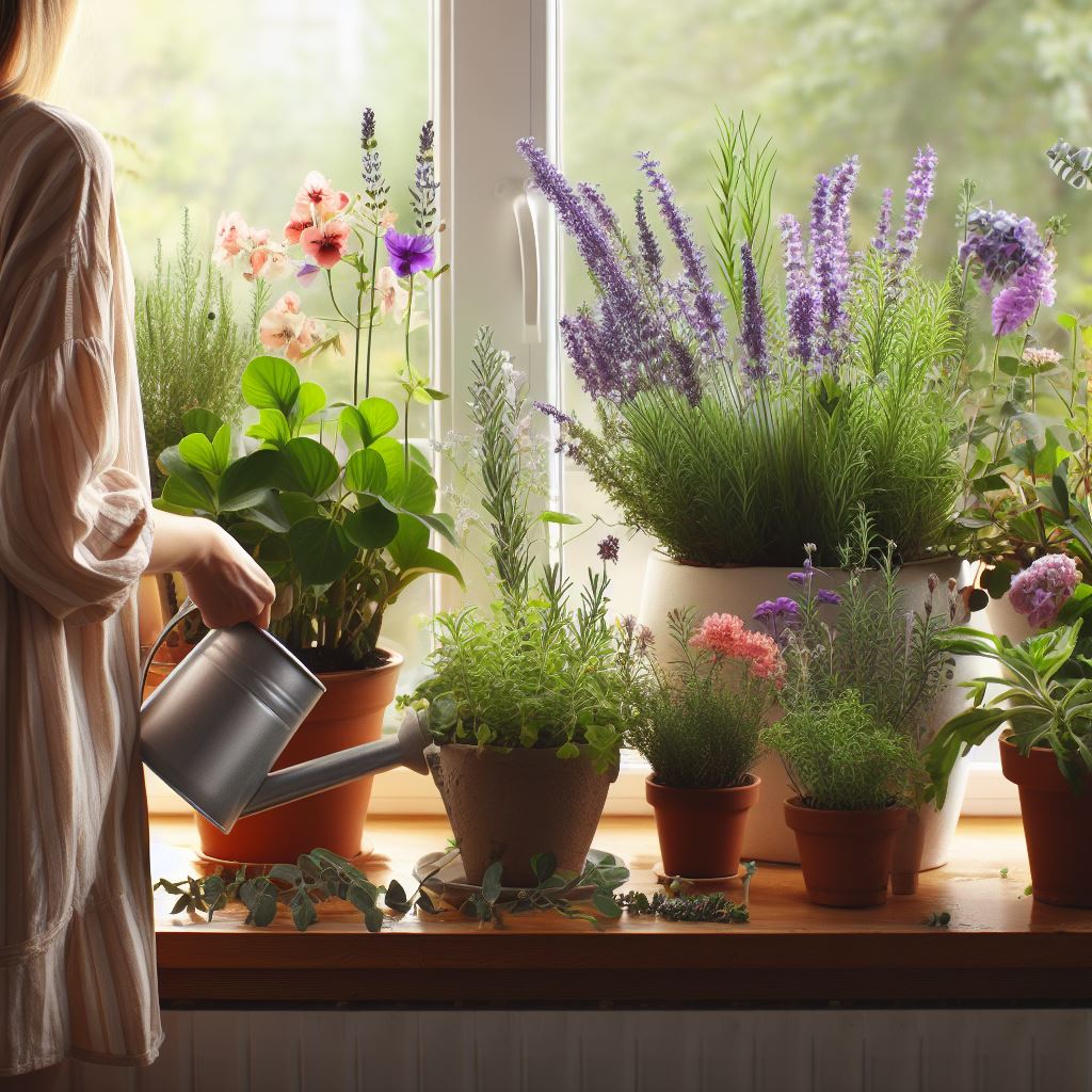 Aromatic houseplants, including lavender and jasmine, filling a cozy indoor space with natural fragrance